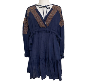 Free People Womens Navy Gold Moonshiner‎ Mini Dress Bohemian Small/P